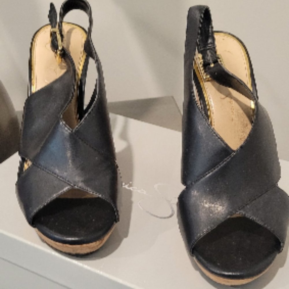 Jessica Simpson Colavita Peep Toe Platform Wedge Sandals Womens 9 Black Cork